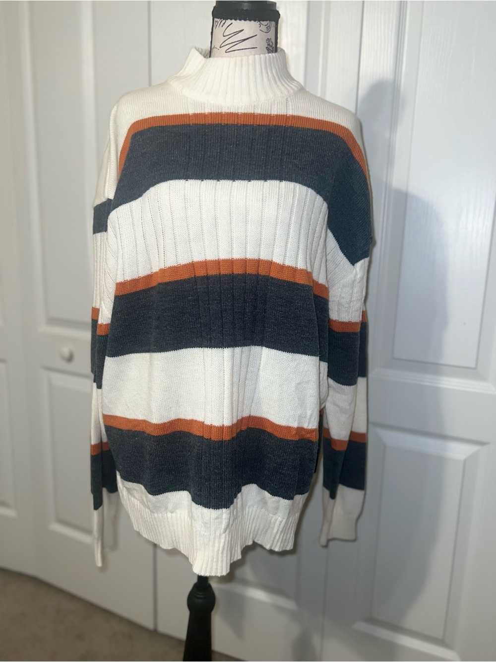 Jordan Craig White, Black & Rust Striped Crewneck Sweater
